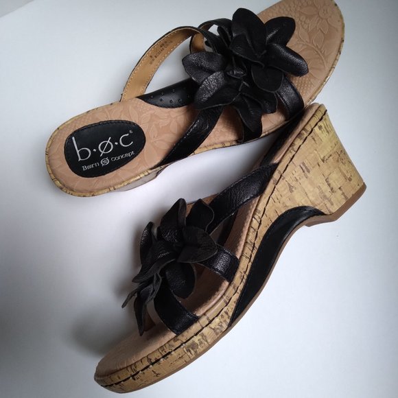 Boc Born Comfort Shoes - B.O.C. Born Comfort Sandals Cork and Black Leather Wedge Double Flower Size 9